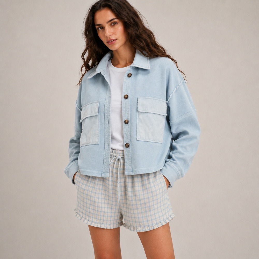 Fate Light Blue Cotton Acid Wash Raw Edge Shacket Jacket M Boho Oversized